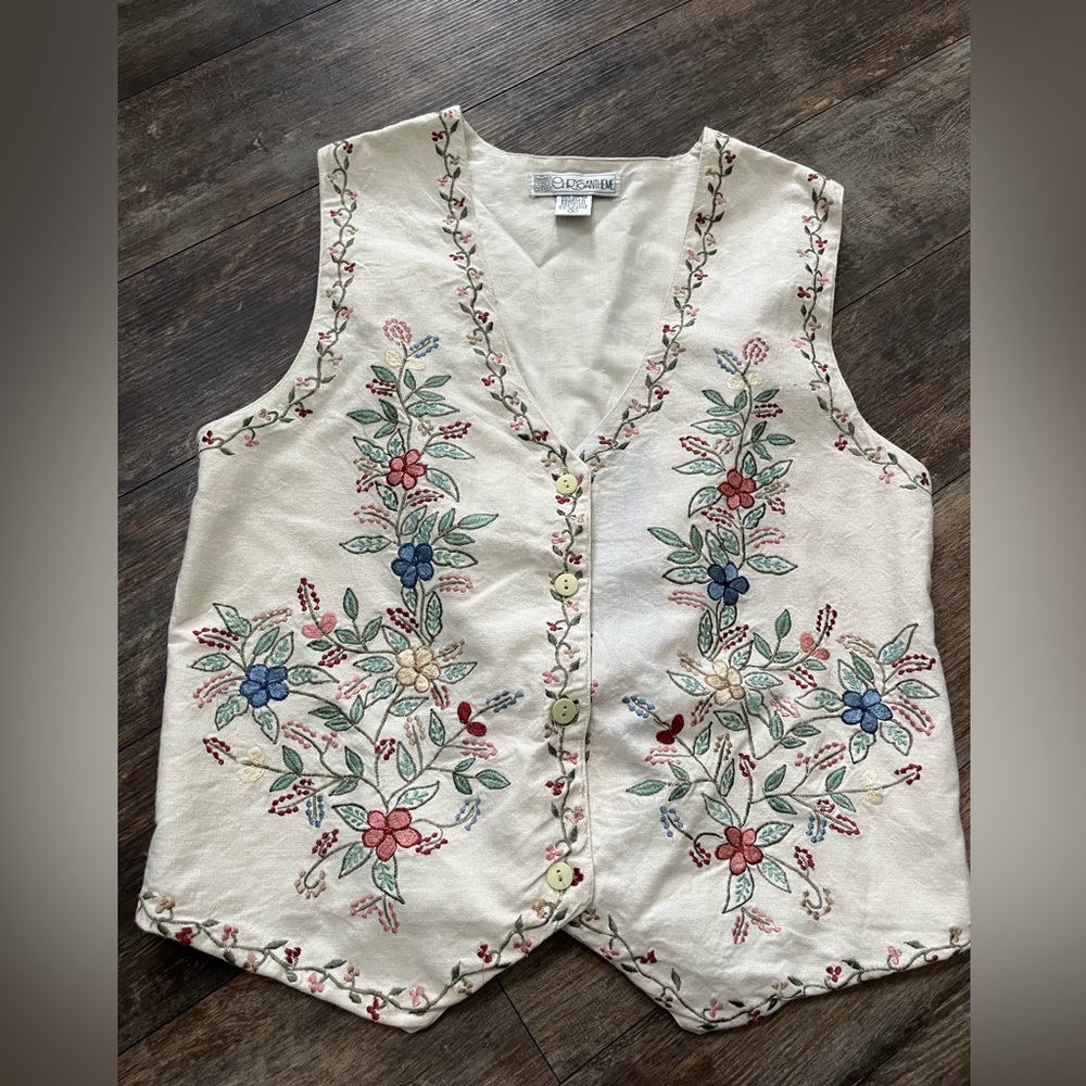 Chrysantheme Embroidered Cottage Core Floral Vest Sz Sm